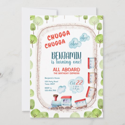Invitation Chugga Train Choo Boy Red Blue Anniversaire Rails (Devant)