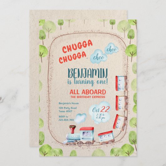 Invitation Chugga Train Choo Boy Red Blue Anniversaire Rails (Devant / Derrière)