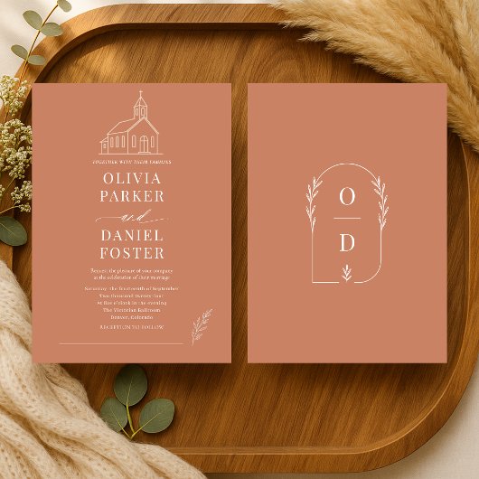 Invitation Church Chapel Terracotta Line Art Wedding