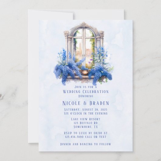 Invitation Church View Blue Floral Mariage Celebration (Devant)