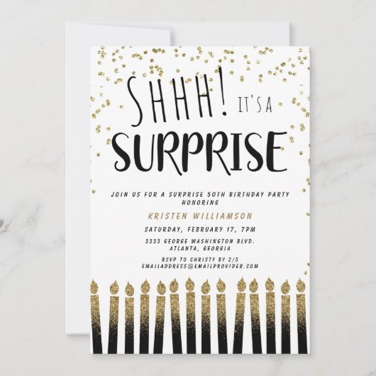 Invitation Chut ! C'est une bougie d'or surprise 50e annivers (Devant)