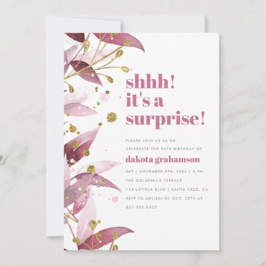 Invitation Chut ! C'est une surprise ! | Anniversaire Feuille (Devant)