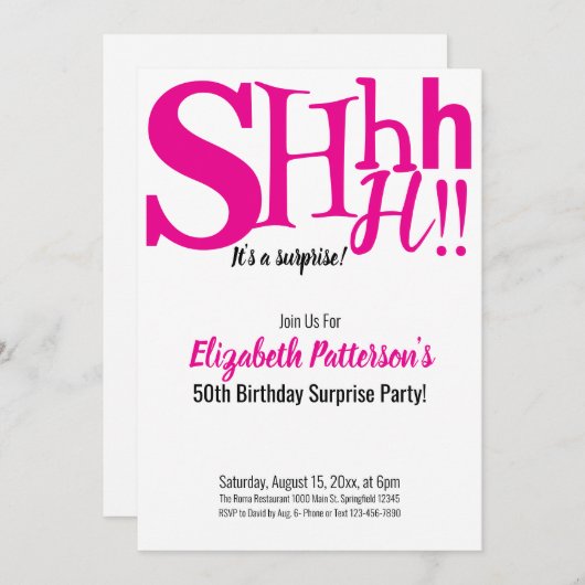 Invitation Chut C'est une surprise fête d'anniversaire Adult (Devant / Derrière)