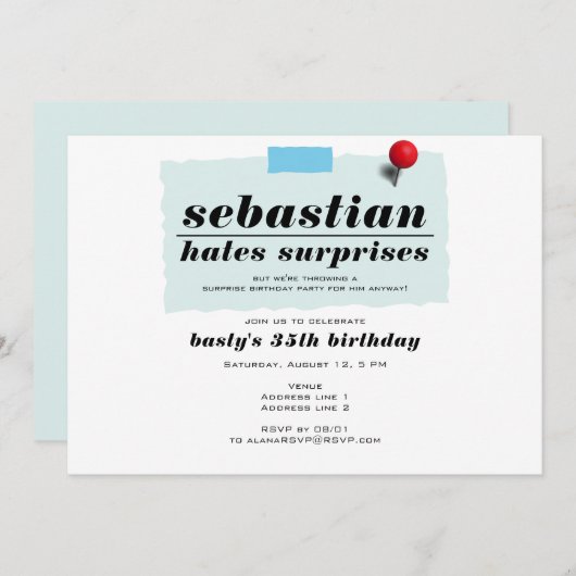 Invitation Chut ! Drôle Hates Surprises Fête d'Anniversaire m (Devant / Derrière)