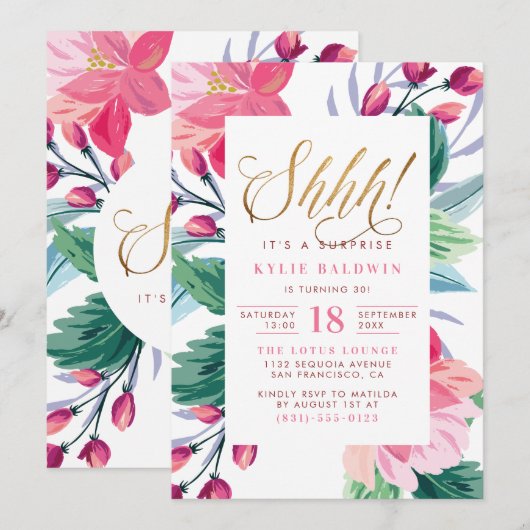 Invitation Chut ! Élégant Gold Script Floral Surprise Anniver (Devant / Derrière)