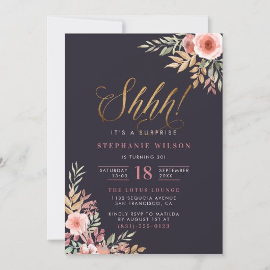 Invitation Chut ! Parties scintillant d'or Script Surprise fê (Devant)