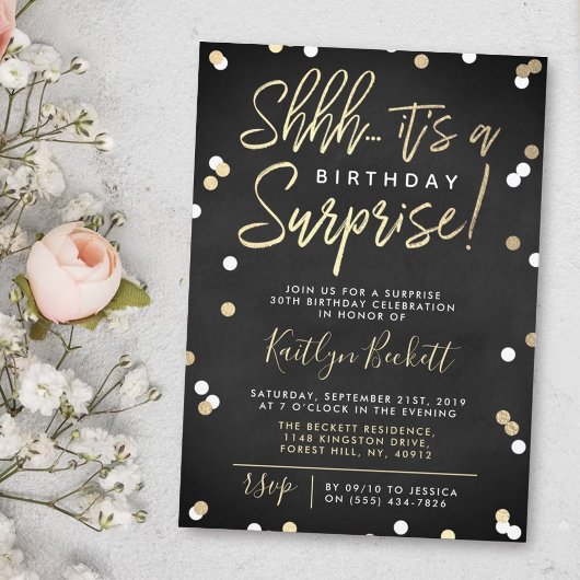 Invitation Chut... Surprise fête d'anniversaire Gold Foil Con