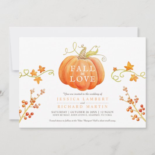 Invitation Chute amoureuse aquarelle citrouille mariage autom (Devant)