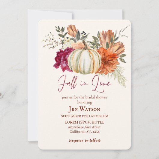 Invitation Chute amoureuse aquarelle fleurs automne nuptiale (Devant)