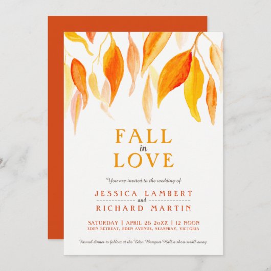 Invitation Chute amoureuse aquarelle orange feuille mariage (Devant / Derrière)
