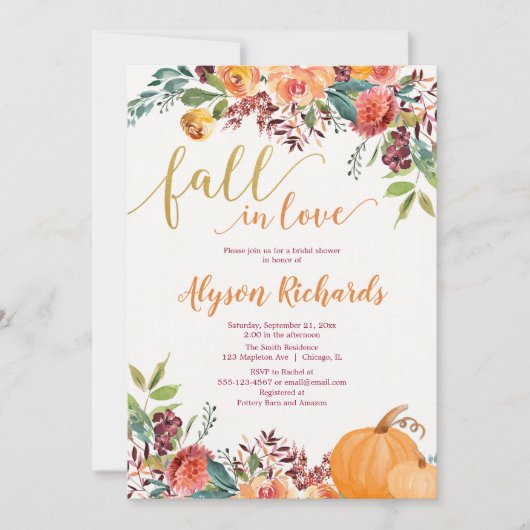 Invitation Chute amoureuse automne fleurie rustique douche nu (Devant)