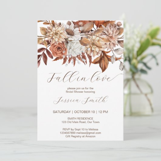 Invitation Chute amoureuse boho brun fleurs nuptiale douche (Debout devant)