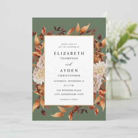 Invitation Chute Beige Floral 2 Mariage - Vert (Debout devant)