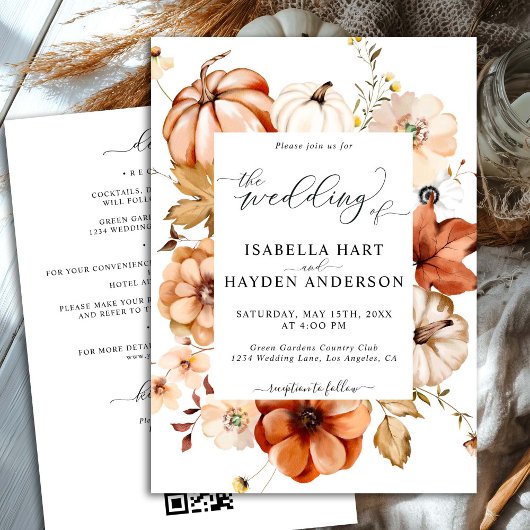 Invitation Chute Beige Rouille Tout en un QR Code Mariage cla