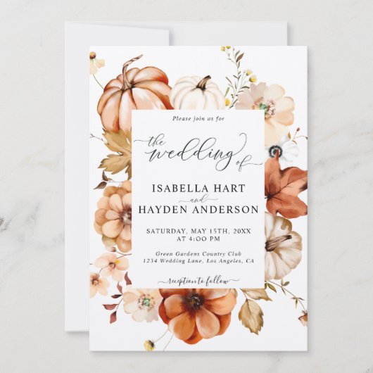 Invitation Chute Beige Rouille Tout en un QR Code Mariage cla (Devant)