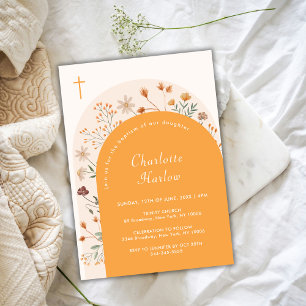 Invitation Chute Boho Floral Fleur sauvage Arc Croix Baptême