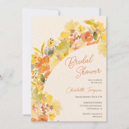 Invitation Chute boho jaune fleurs script douche nuptiale (Devant)