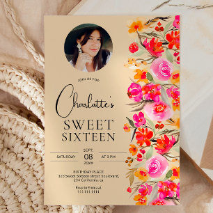 Invitation Chute boho rouge orangé photo florale Sweet 16