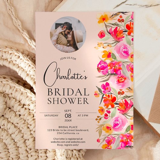 Invitation Chute boho rouge oranger floral photo nuptiale