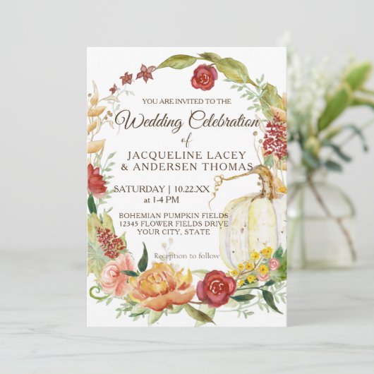 Invitation Chute Bourgogne Floral Blanc Citrouille Mariage de (Debout devant)