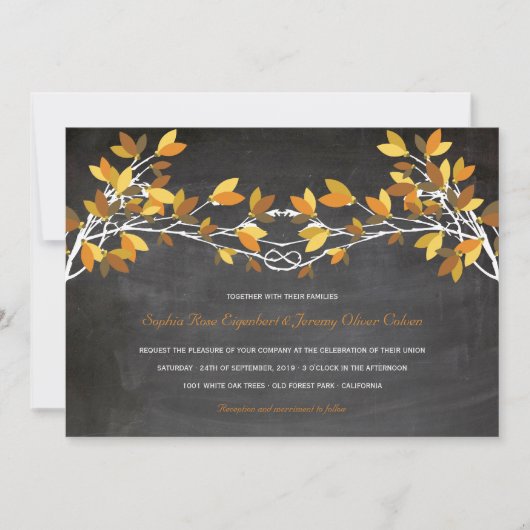 Invitation Chute Brown Aimer noué Arbres Chalkboard Mariage (Devant)