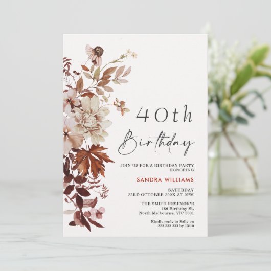 Invitation Chute Brown Beige Floral 40e anniversaire (Debout devant)