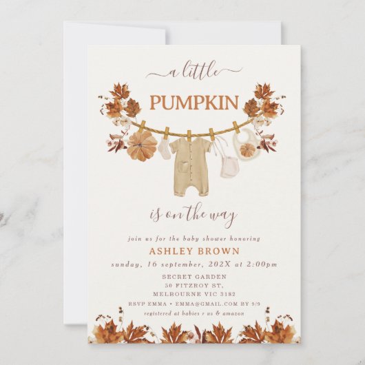 Invitation Chute Brown en feuillage beige Baby shower (Devant)