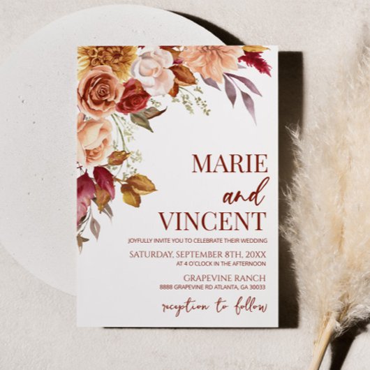 Invitation Chute Burgundy Aquarelle Florale Mariage