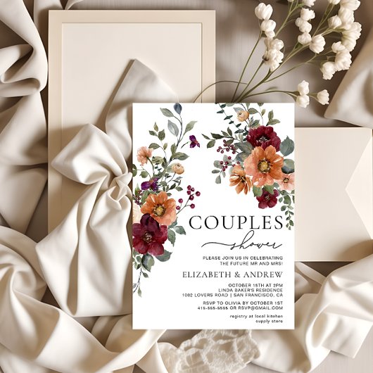 Invitation Chute Burgundy Terracotta Floral Couples Douche
