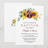 Invitation Chute Burgundy Tournesol Croix blanche Baptême (Devant / Derrière)