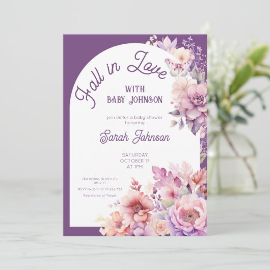Invitation Chute d'amour automne baby shower fleuri bébé (Debout devant)