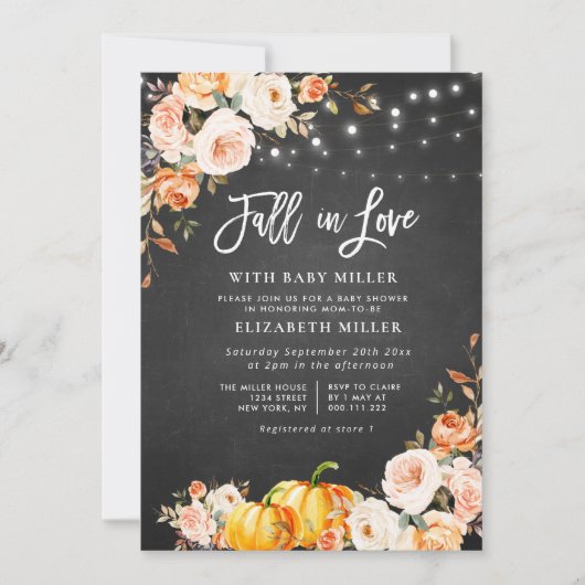 Invitation chute d'amour baby shower floral en tableau noir (Devant)