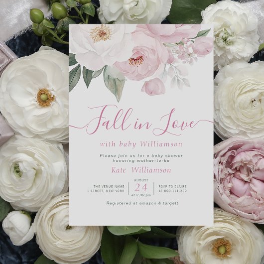 Invitation Chute d'amour baby shower rose fleuri