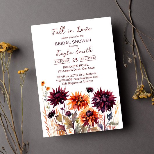 Invitation Chute d'amour burgundy orange dahlias nuptiale