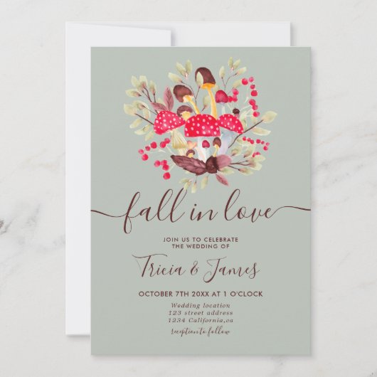 Invitation Chute d'amour champignons vert rustique mariage ph (Devant)