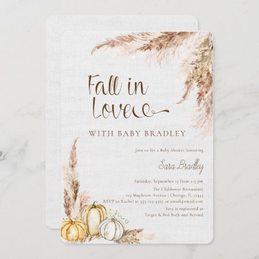 Invitation Chute d'amour Citrouille Boho pampas herbe baby sh (Devant / Derrière)
