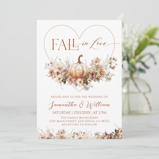 Invitation Chute d'amour Floral Citrouille Écouter Mariage ph (Debout devant)