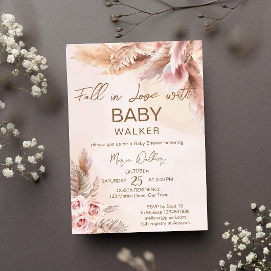 Invitation Chute d'amour pampas herbe baby shower boho
