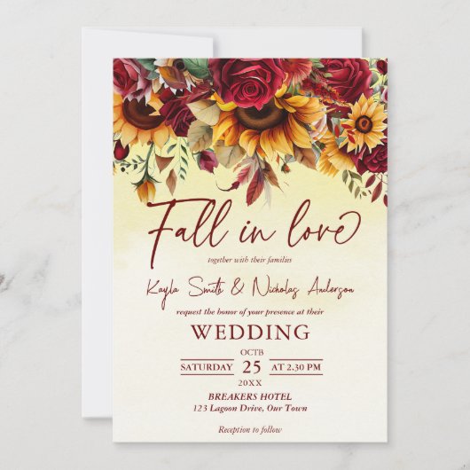 Invitation Chute d'amour rose bordeaux tournesols mariage (Devant)