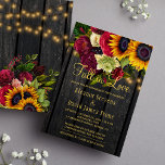 Invitation Chute d'amour rustique chic bois fiançailles<br><div class="desc">Rustic country FALL IN LOVE fiançailles élégante invitation modèle sur bois de grange brun foncé arrière - plan avec de grands tournesols d'or jaune et bouquets rose bordeaux rouge, cordes de lumières scintillantes, et un faux script de typographie or. Facile à personnaliser avec vos détails ! Vous pouvez choisir de...</div>