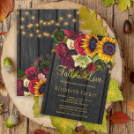 Invitation Chute d'amour tournesol rustique rose nuptiale<br><div class="desc">Rustic country FALL IN LOVE nuptiale douche élégante invitation modèle sur grange brun foncé arrière - plan avec de grands tournesols d'or jaune et bouquets rose bordeaux rouge, cordes de lumières scintillantes et un script de typographie en faux or. Facile à personnaliser avec vos détails ! Vous pouvez choisir de...</div>