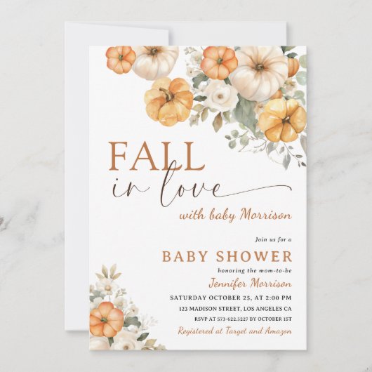 Invitation Chute dans l'amour Citrouille Baby shower genre ne (Devant)