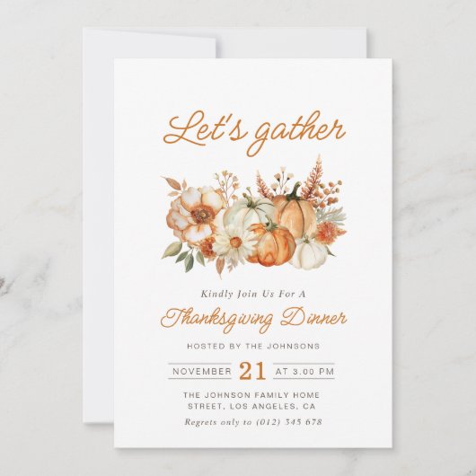 Invitation chute d'aquarelle citrouille dîner d'action de grâ (Devant)
