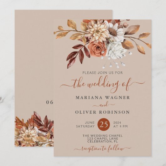 Invitation Chute d'aquarelle Floral sur Mariage Taupe (Devant / Derrière)