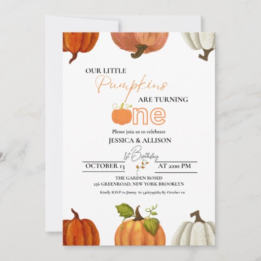 Invitation Chute de notre petit citrouille jumeau à un annive (Devant)