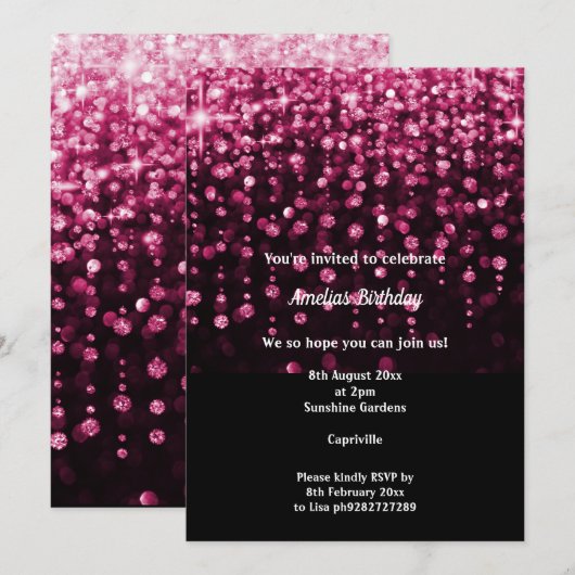 INVITATION CHUTE D'EAU DE DIAMANT ROSE NOIR 2 ANNIVERSAIRE (Devant / Derrière)