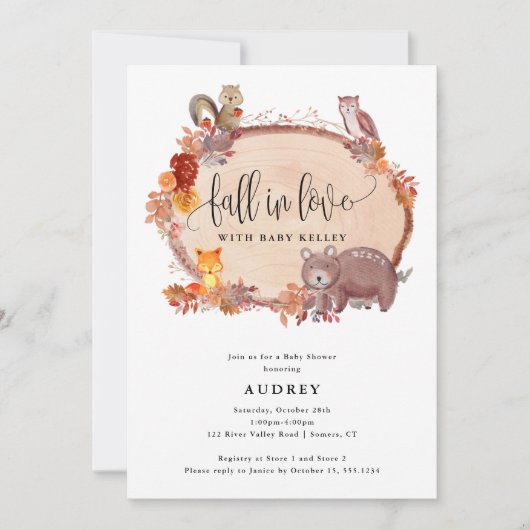 Invitation Chute en Amour Animaux des bois, Baby shower rusti (Devant)