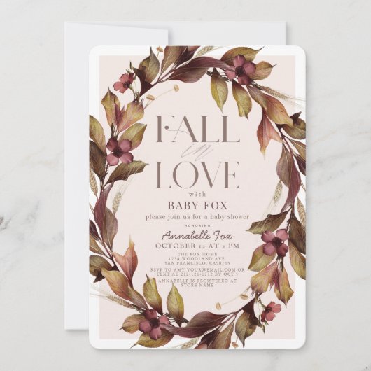 Invitation Chute en amour Automne Baby shower rose de couronn (Devant)
