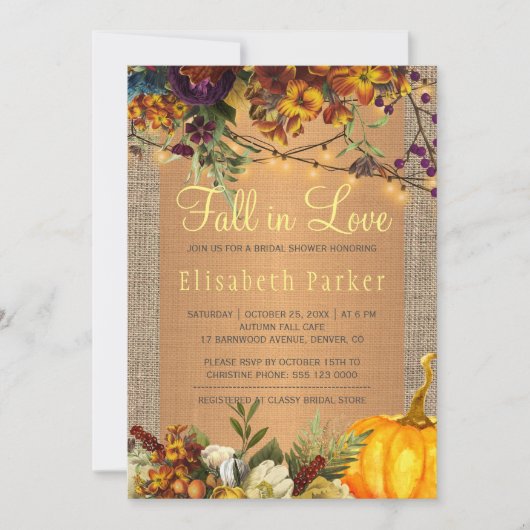 Invitation Chute en Amour automne burlap fleuri nuptiale douc (Devant)