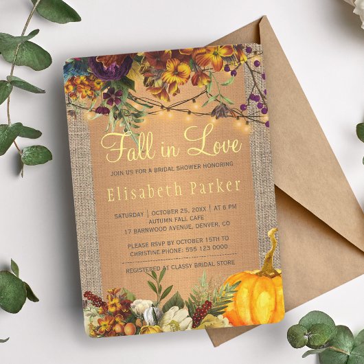 Invitation Chute en Amour automne burlap fleuri nuptiale douc